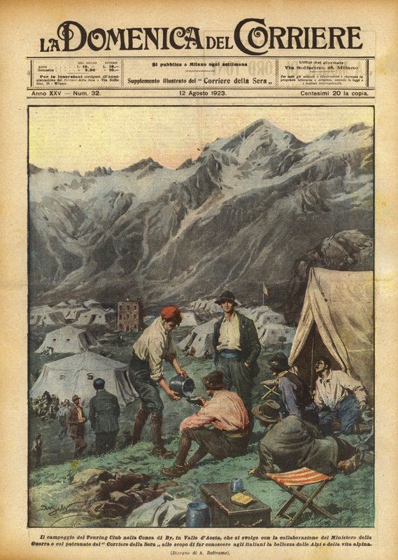 El campamento del Touring Club en la Conca di By, en el Valle de Aosta, que se desarrolla con de Achille Beltrame