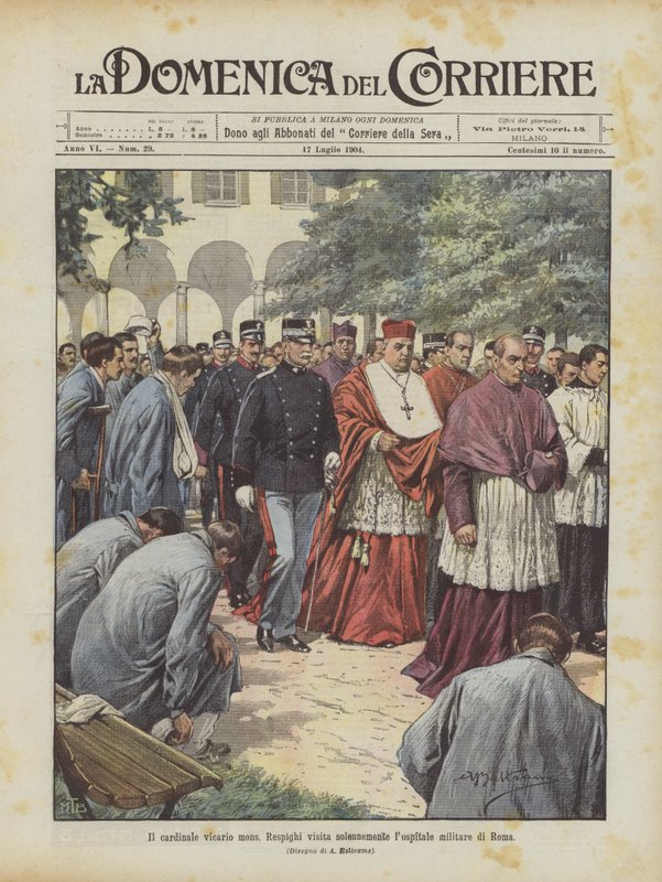 El cardenal vicario mons. Respighi visita solemnemente el hospital militar de Roma de Achille Beltrame