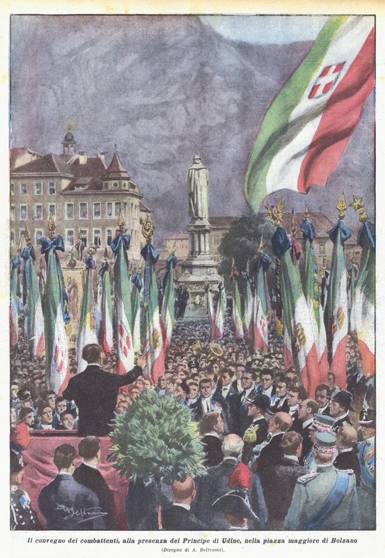 El encuentro de los combatientes, en presencia del Príncipe de Udine, en la plaza mayor de Bolzano de Achille Beltrame