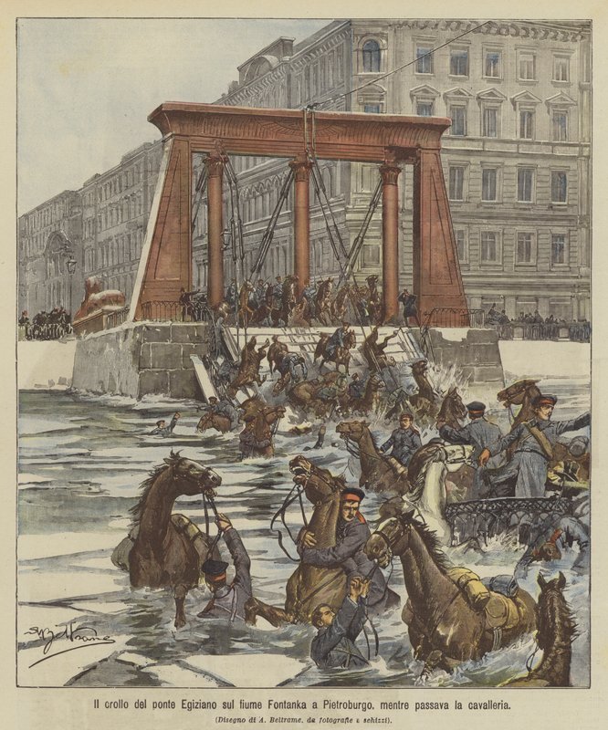 El colapso del puente Egipcio sobre el río Fontanka en San Petersburgo, mientras pasaba la caballería de Achille Beltrame