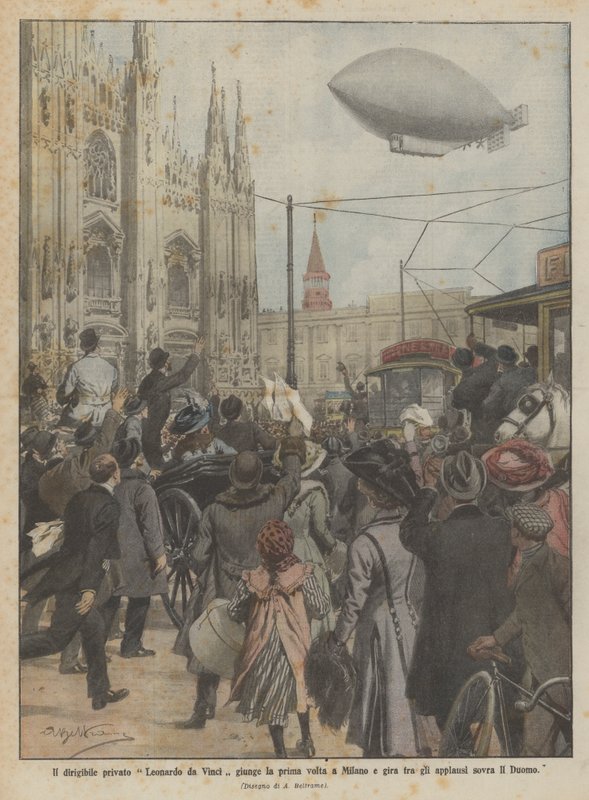 El dirigible privado Leonardo da Vinci llega por primera vez a Milán y gira entre los aplausos sobre el Duomo de Achille Beltrame