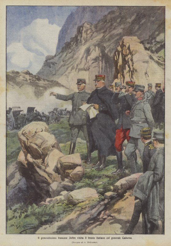El generalísimo francés Joffre visita el frente italiano con el general Cadorna de Achille Beltrame