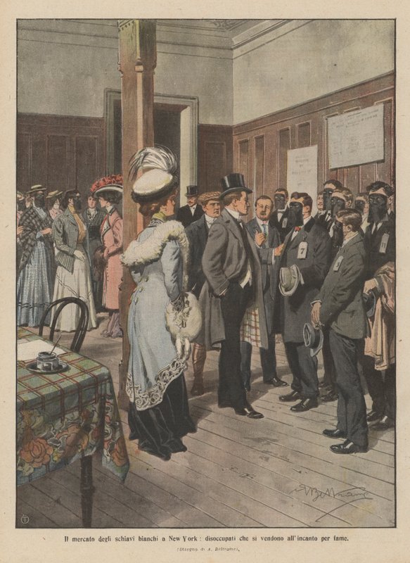 El mercado de esclavos blancos en Nueva York, desempleados que se venden por hambre (litografía en color) de Achille Beltrame