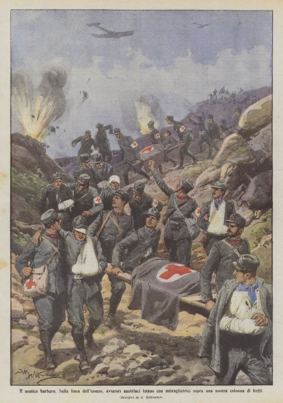 El enemigo bárbaro, en la línea del Isonzo, aviadores austriacos disparan con ametralladoras sobre una de Achille Beltrame