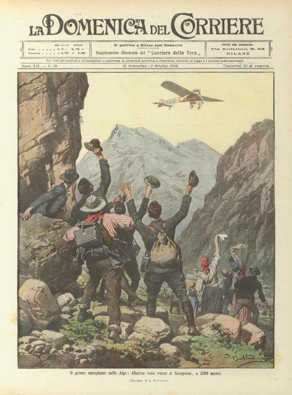 El primer aeroplano sobre los Alpes, Chávez vuela hacia el Simplón, a 2500 metros de Achille Beltrame