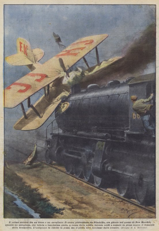 El primer choque entre un tren y un aeroplano de Achille Beltrame