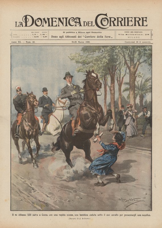 El rey Alfonso XIII salva en Ceuta, con un rápido movimiento, a una niña caída bajo su caballo de Achille Beltrame