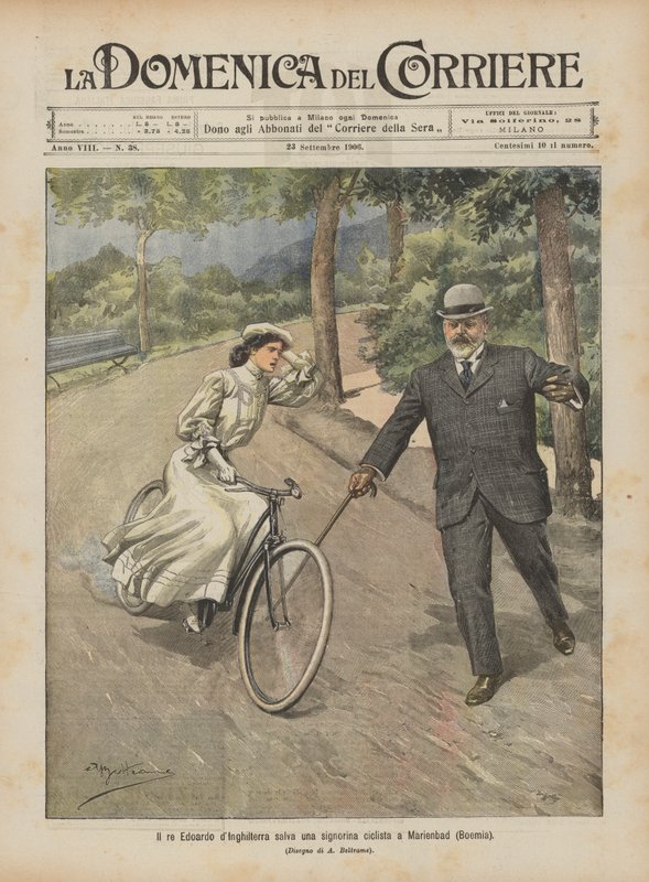 El rey Eduardo de Inglaterra salva a una señorita ciclista en Marienbad (Bohemia) de Achille Beltrame