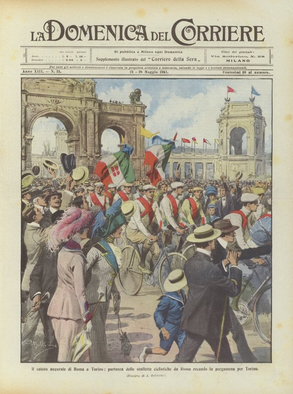 El saludo augural de Roma a Turín, partida de los relevos ciclistas de Roma llevando el pergamino para Turín de Achille Beltrame