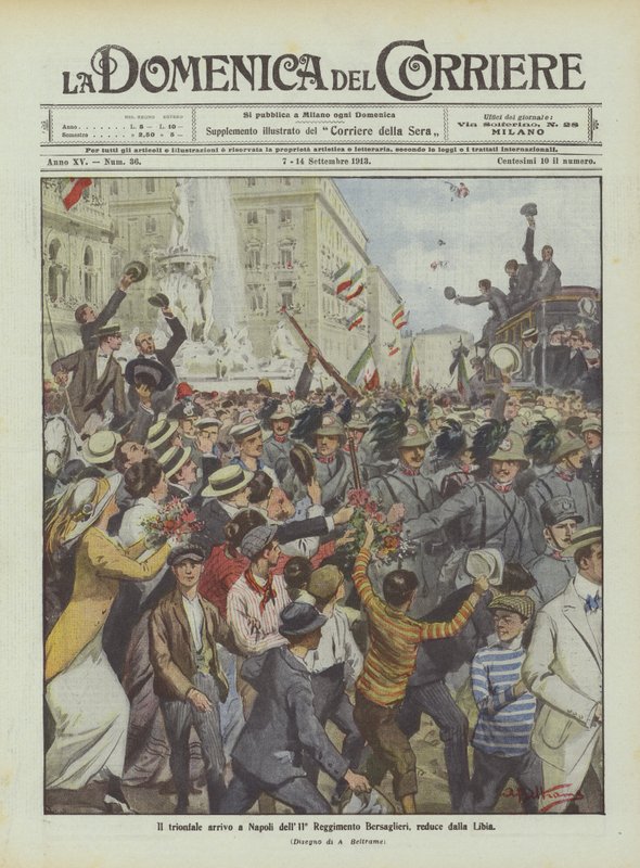 La triunfal llegada a Nápoles del 11º Regimiento de Bersaglieri, regresado de Libia de Achille Beltrame