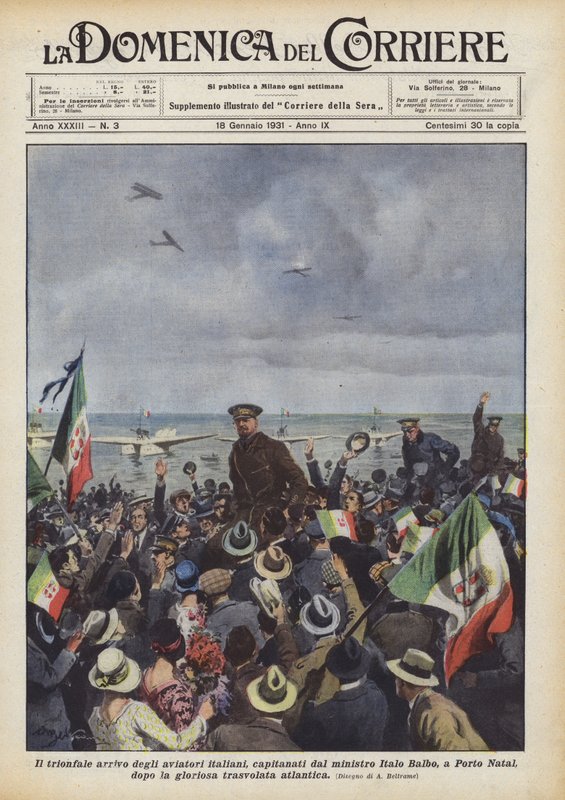 La llegada triunfal de los aviadores italianos, encabezados por el ministro Italo Balbo, a Porto Natal de Achille Beltrame