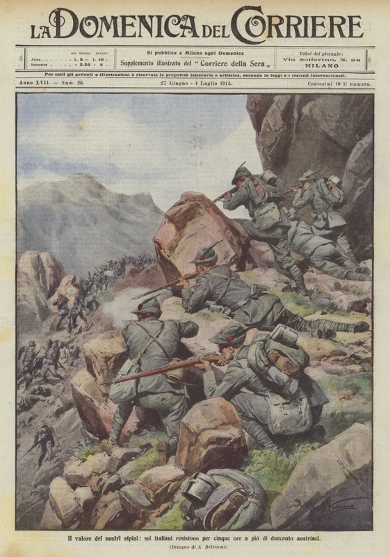 El valor de nuestros alpinos, seis italianos resisten durante cinco horas a más de doscientos austriacos de Achille Beltrame