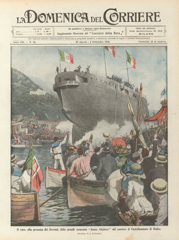 El lanzamiento, en presencia de los soberanos, del gran acorazado Dante Alighieri del astillero de Castellammare di Stabia de Achille Beltrame