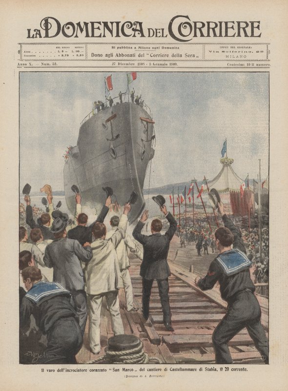 El lanzamiento del crucero acorazado San Marco del astillero de Castellammare di Stabia, el 20 del corriente de Achille Beltrame