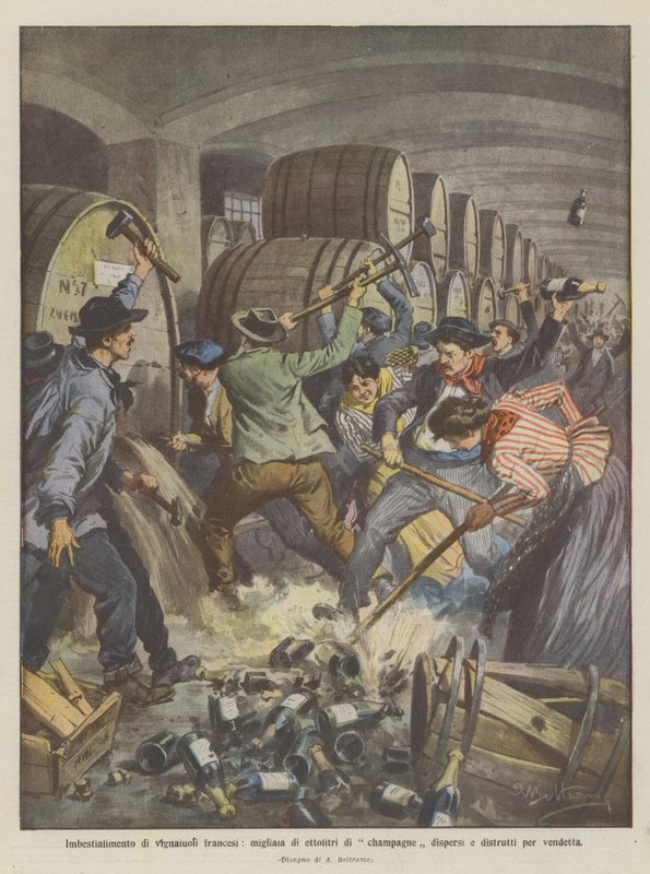 Enfurecimiento de viticultores franceses, miles de hectolitros de champán dispersos y destruidos por venganza de Achille Beltrame