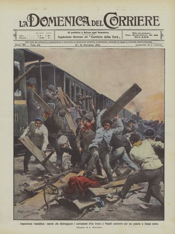 Impaciencia vandálica, trabajadores que destruyen los vagones de un tren en Nápoles obligado a una larga parada por una avería de Achille Beltrame