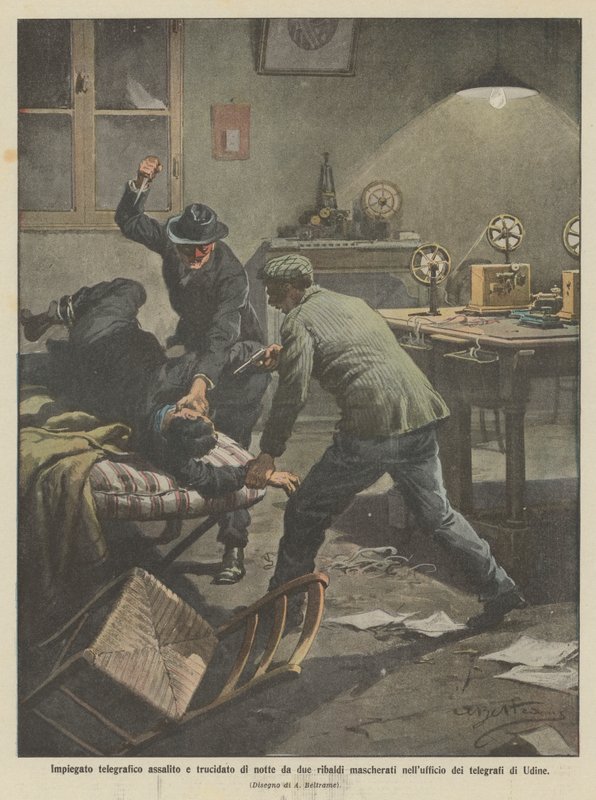 Empleado telegráfico asaltado y asesinado de noche por dos bandidos enmascarados en la oficina de telégrafos de Udine de Achille Beltrame