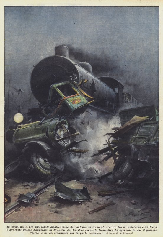 En plena noche, por una fatal distracción del conductor, un tremendo choque entre un camión... de Achille Beltrame