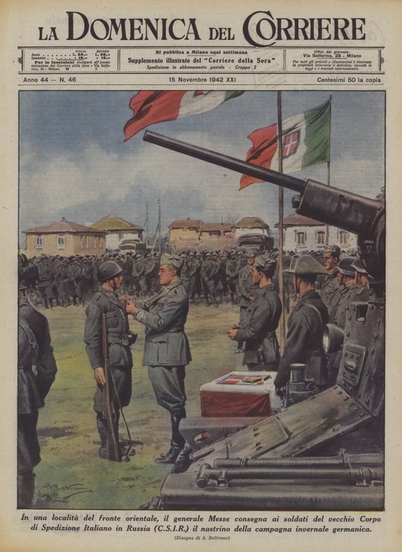 En un lugar del frente oriental, el general Messe entrega a los soldados del viejo Cuerpo... de Achille Beltrame