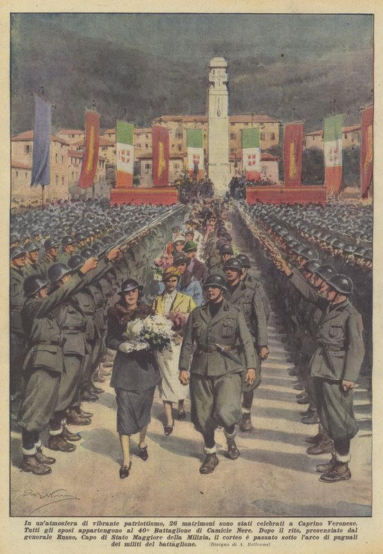 En una atmósfera de vibrante patriotismo, 26 matrimonios fueron celebrados en Caprino Veronese de Achille Beltrame