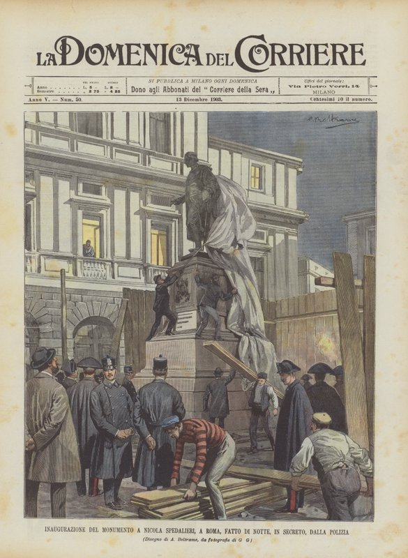 Inauguración del monumento a Nicola Spedalieri en Roma, hecho de noche en secreto por la policía de Achille Beltrame