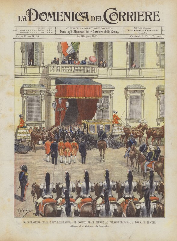 Inauguración de la XXI legislatura, el cortejo real llega al Palacio Madama, en Roma, el 16 de Achille Beltrame