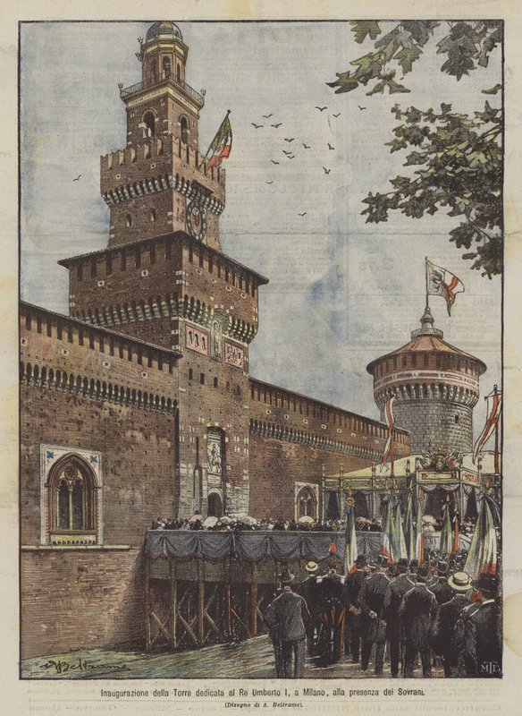 Inauguración de la Torre dedicada al Rey Umberto I, en Milán, en presencia de los Soberanos de Achille Beltrame