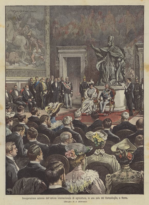 Inauguración solemne del instituto internacional de agricultura, en una sala del Capitolio, en Roma de Achille Beltrame