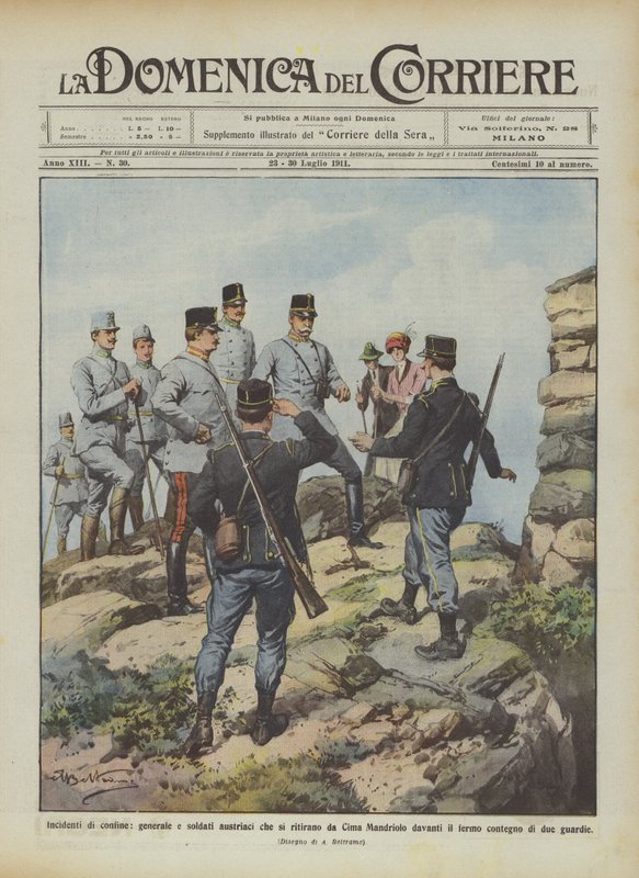 Incidentes fronterizos, general y soldados austriacos que se retiran de Cima Mandriolo ante de Achille Beltrame