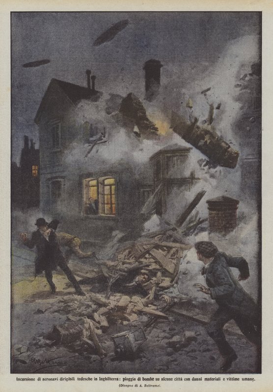 Incursión de dirigibles alemanes en Inglaterra, lluvia de bombas sobre algunas ciudades con de Achille Beltrame