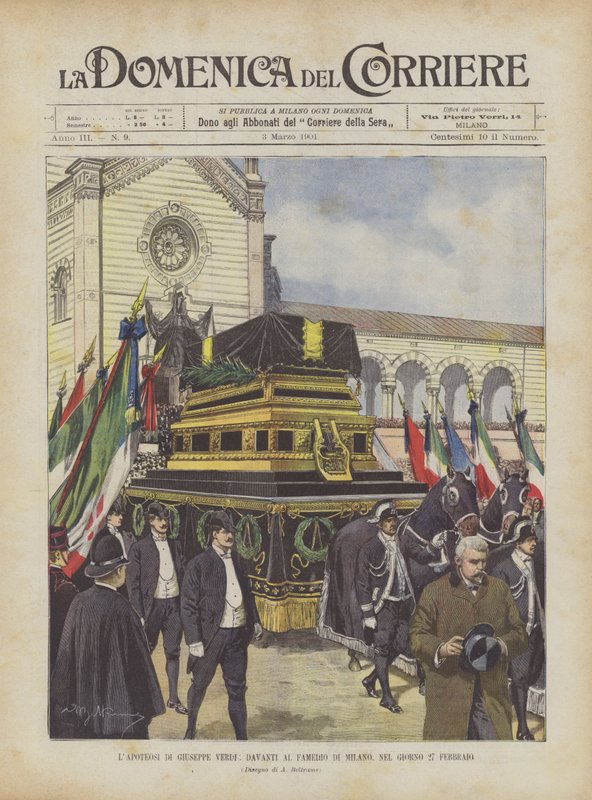 La apoteosis de Giuseppe Verdi, frente al Famedio de Milán, el 27 de febrero de Achille Beltrame