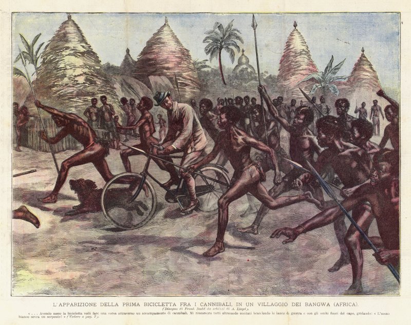 La Aparición de la Primera Bicicleta entre los Caníbales, en un Pueblo de los Bangwa (África) de Achille Beltrame