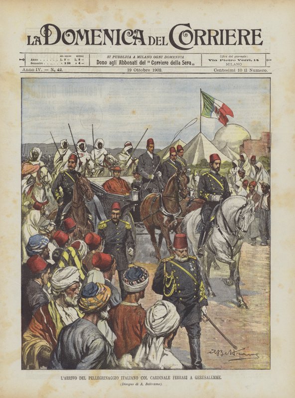 La llegada de la peregrinación italiana con el cardenal Ferrari a Jerusalén de Achille Beltrame