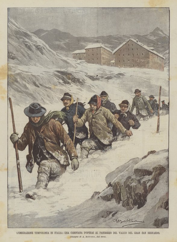 Una caravana de obreros cruzando el paso del Gran San Bernardo de Achille Beltrame