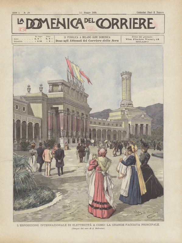 La exposición internacional de electricidad en Como, la gran fachada principal de Achille Beltrame
