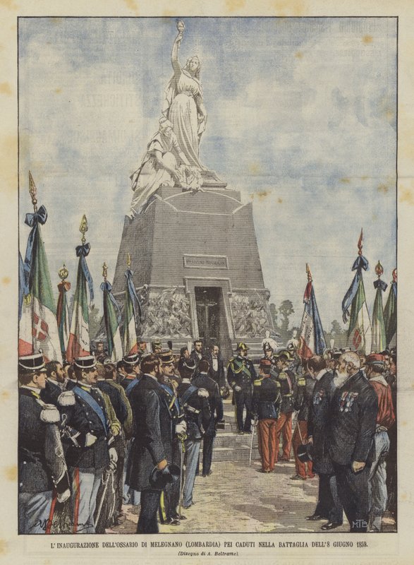 La inauguración del osario de Melegnano (Lombardía) para los caídos en la batalla del 8 de junio de 1859 de Achille Beltrame