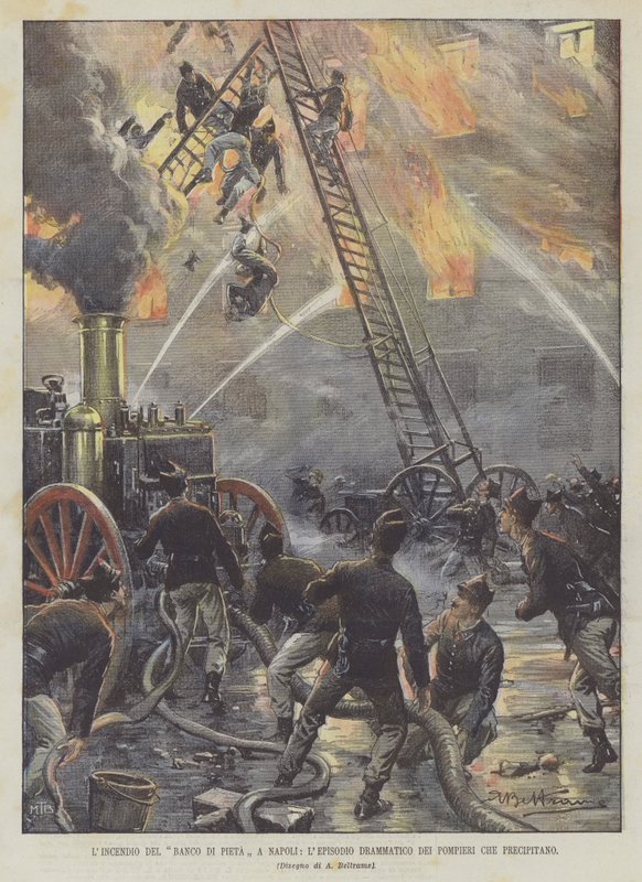 El incendio del Banco de Piedad en Nápoles, el episodio dramático de los bomberos que caen de Achille Beltrame
