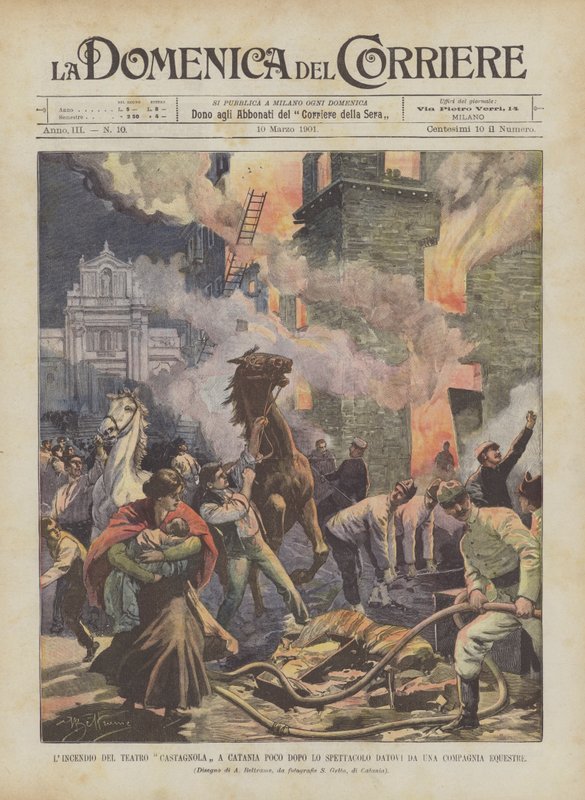 El incendio del Teatro Castagnola en Catania poco después del espectáculo dado por una compañía ecuestre de Achille Beltrame