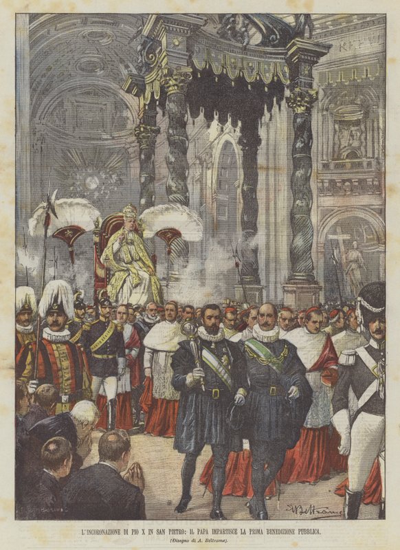 La coronación de Pío X en San Pedro, el Papa imparte la primera bendición pública de Achille Beltrame
