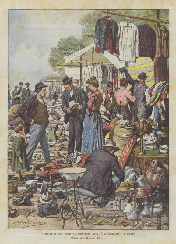 La característica feria de los traperos, llamada de Sinigallia en Milán de Achille Beltrame