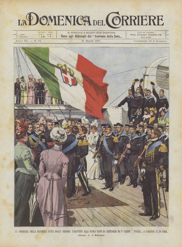 La entrega de la bandera hecha por las damas de Taranto al nuevo barco de batalla de 5ª clase de Achille Beltrame