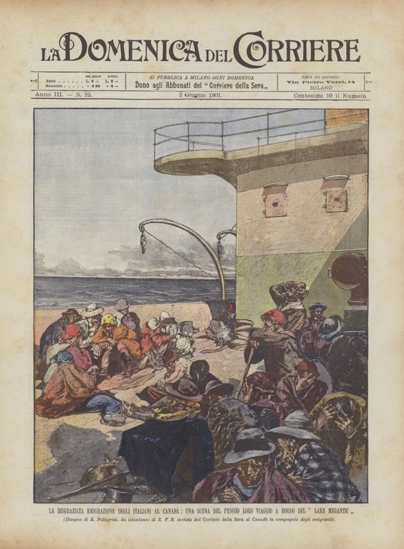 La desafortunada emigración de los italianos a Canadá, una escena de su penoso viaje a bordo del Lake Megantic de Achille Beltrame
