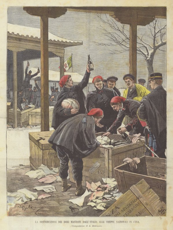 La distribución de los regalos enviados desde Italia a las tropas nacionales en China de Achille Beltrame