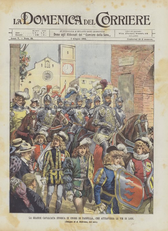 La gran cabalgata histórica en honor a Fanfulla, que atraviesa las calles de Lodi de Achille Beltrame