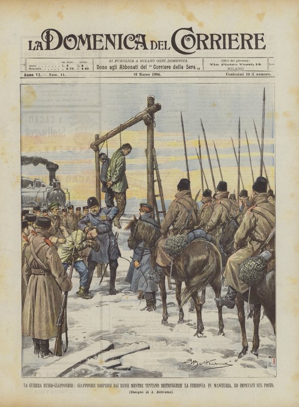 La guerra ruso-japonesa, japoneses sorprendidos por los rusos mientras intentan destruir el ferrocarril ? de Achille Beltrame
