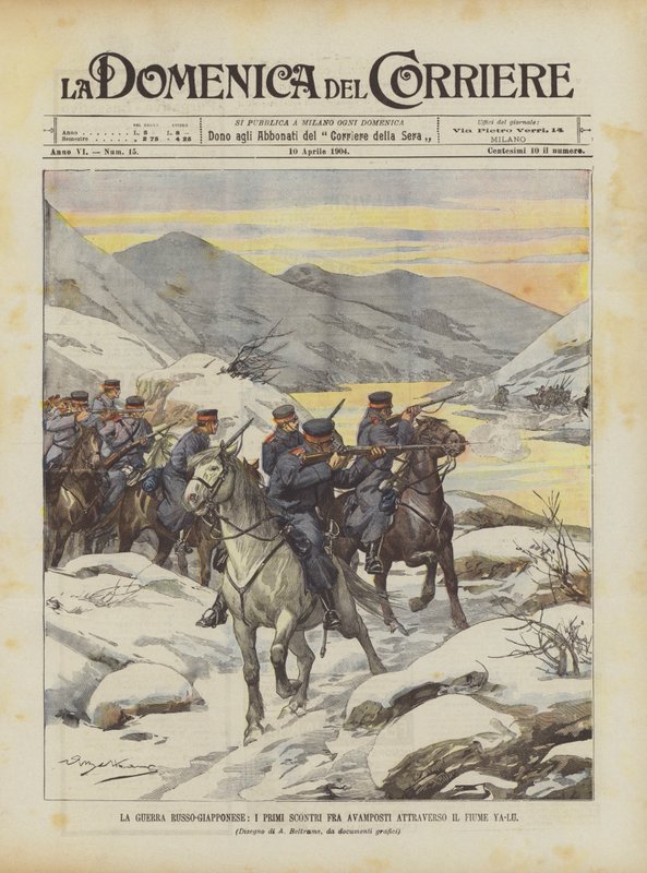 La guerra ruso-japonesa, los primeros enfrentamientos entre avanzadas a través del río Ya-Lu de Achille Beltrame