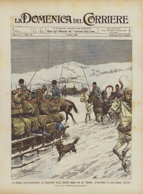 La guerra ruso-japonesa, el transporte de tropas rusas con troikas a través del lago Baikal congelado de Achille Beltrame