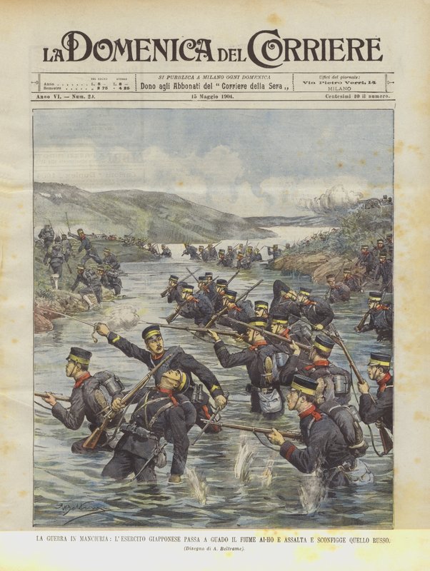 La guerra en Manchuria, el ejército japonés cruza el río Ai-Ho y asalta y derrota al ejército ruso de Achille Beltrame