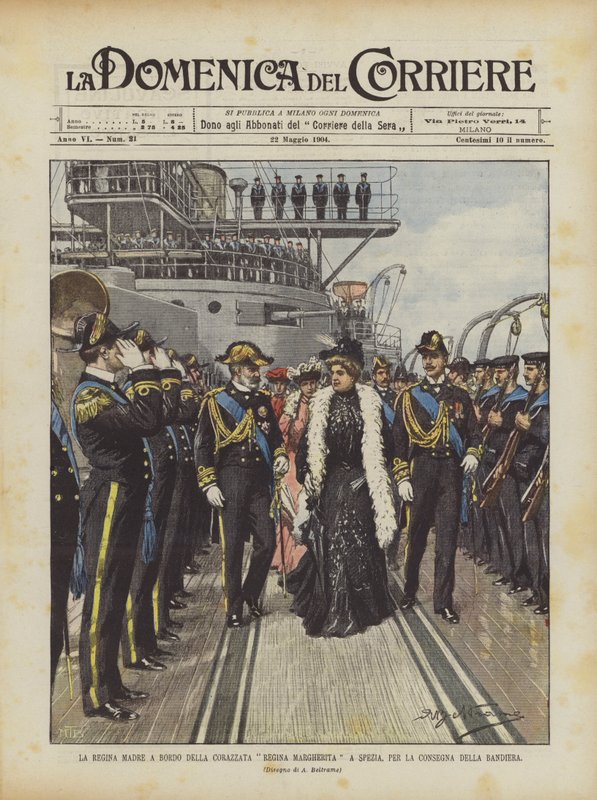 La reina madre a bordo del acorazado Regina Margherita en Spezia, para la entrega de la bandera de Achille Beltrame