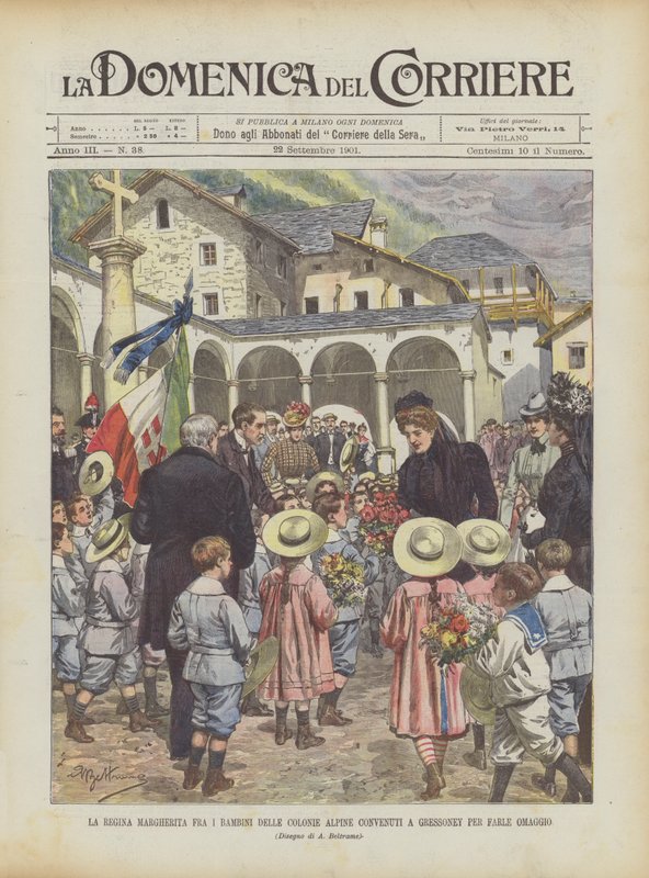 La Reina Margarita entre los Niños de las Colonias Alpinas Reunidos en Gressoney para Rendirle Homenaje de Achille Beltrame